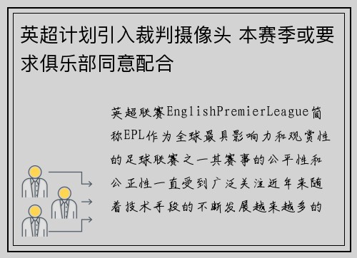 英超计划引入裁判摄像头 本赛季或要求俱乐部同意配合