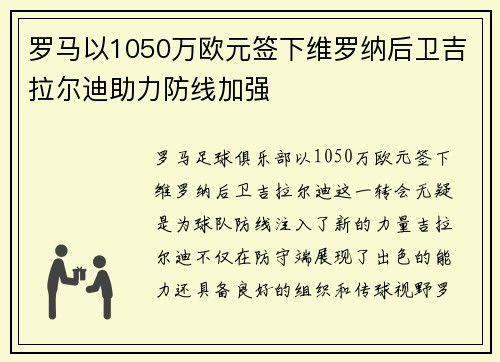 罗马以1050万欧元签下维罗纳后卫吉拉尔迪助力防线加强