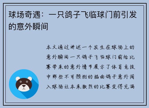 球场奇遇：一只鸽子飞临球门前引发的意外瞬间